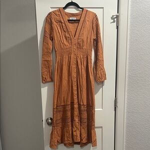 Madewell Burnt Orange Lace-Inset Button-Front Maxi Dress